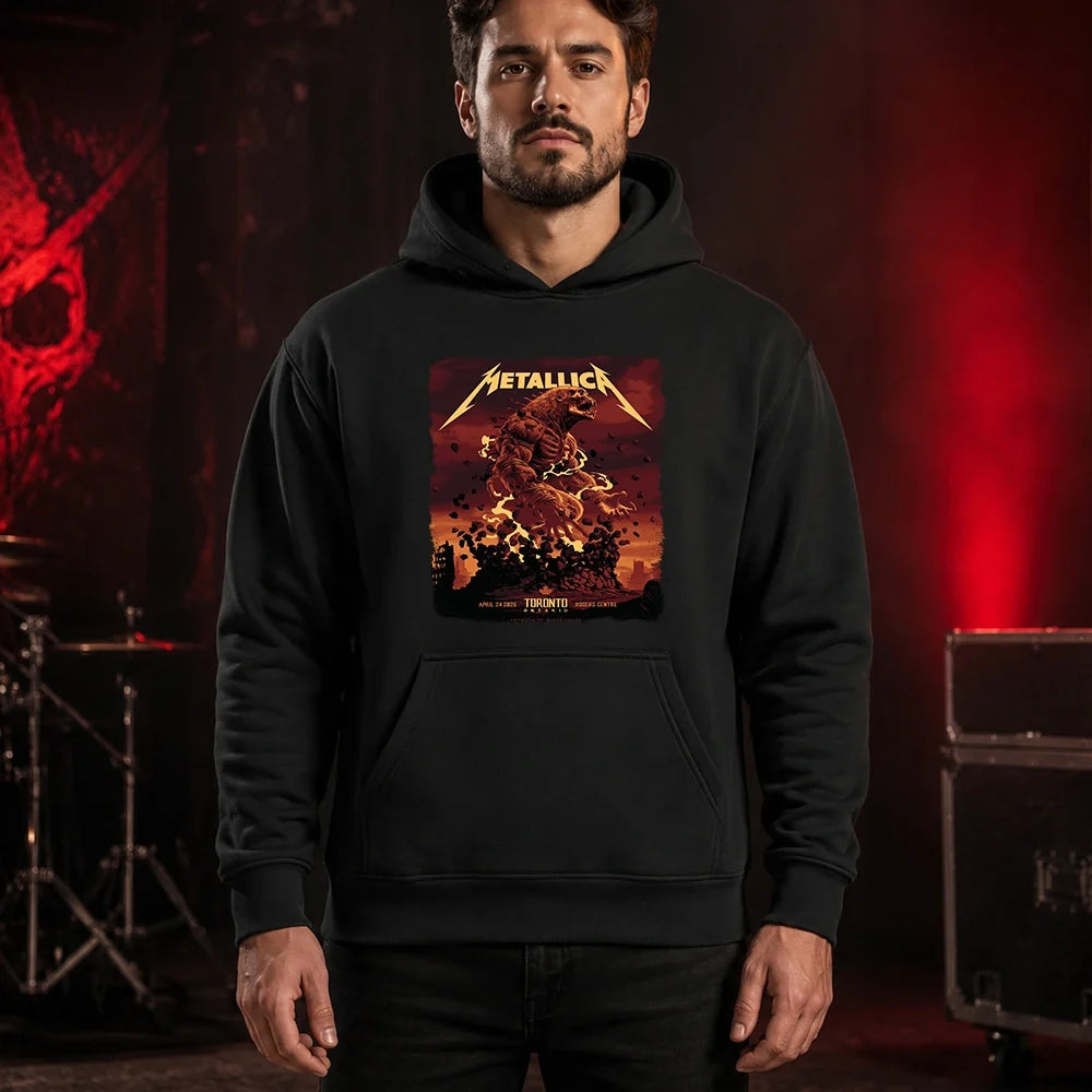 Metallica M72 World Tour April 24 2025 Rogers Centre Toronto Ontario Canada T-shirt by John Guydo featuring a roaring beast rising from shattered rubble with flying debris, fiery red-orange sky and Toronto event text.